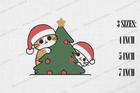 Cute Cats Peeking from Xmas Tree Embroidery